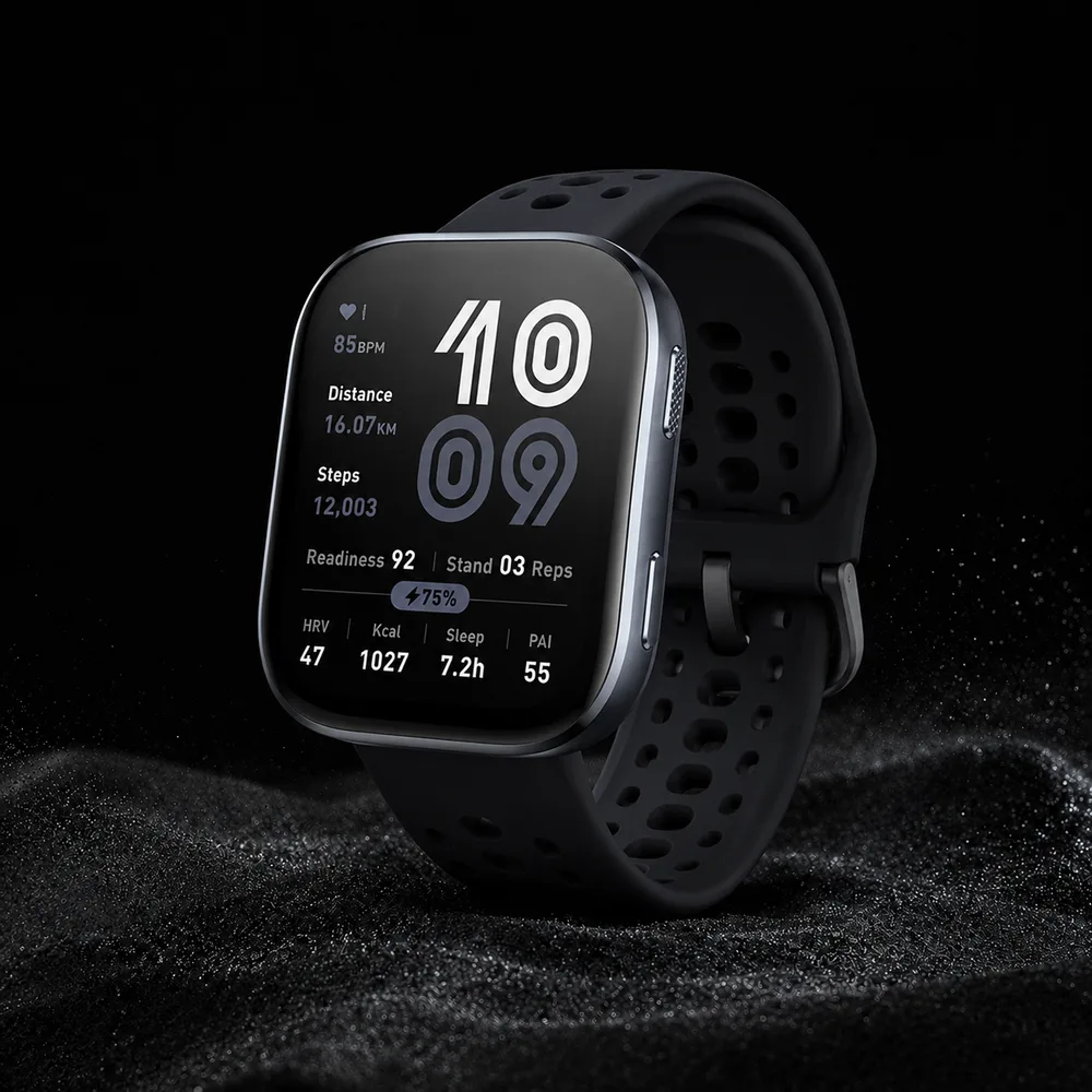 Amazfit Bip 6 smartwatch with a black band