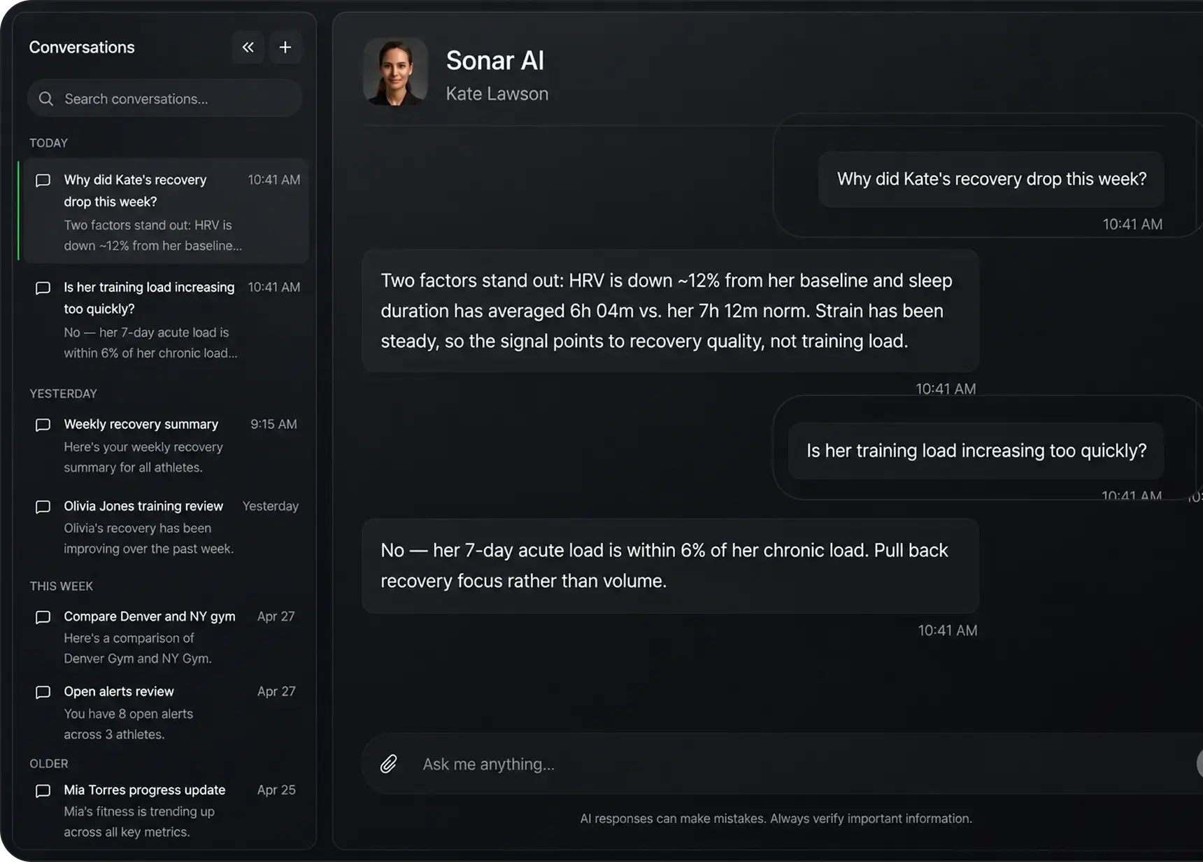 Sonar AI conversation explaining why a client recovery score dropped, citing HRV about 12% below baseline and shorter sleep duration with steady strain