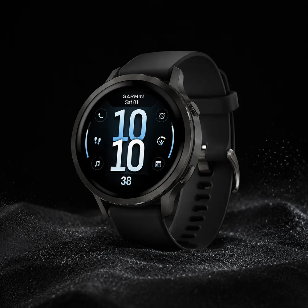 Garmin Venu 4 smartwatch with a black band
